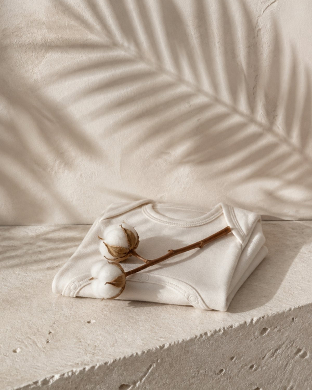 Cotton bolls resting on a folded organic cotton baby bodysuit on limestone